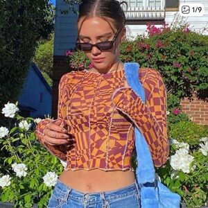 NWT Omighty Long Sleeve Geometric Print Mesh Top in Mustard & Maroon, Large Y2K